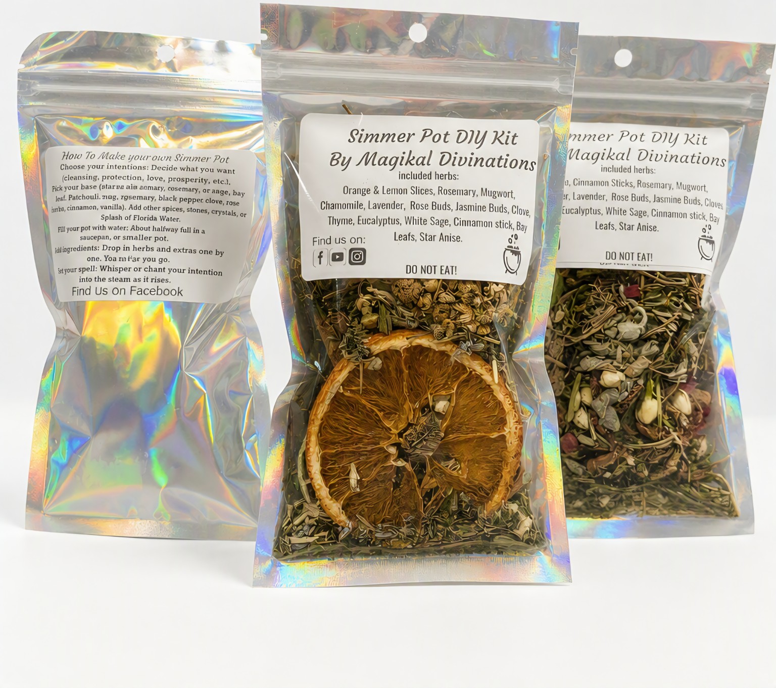 Three Magikal Divinations DIY simmer pot kits in holographic resealable bags